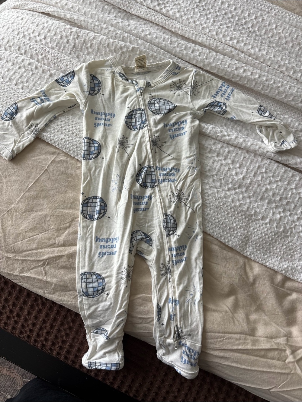 White and Blue 'Happy New Year' Footed One-Piece Pajamas